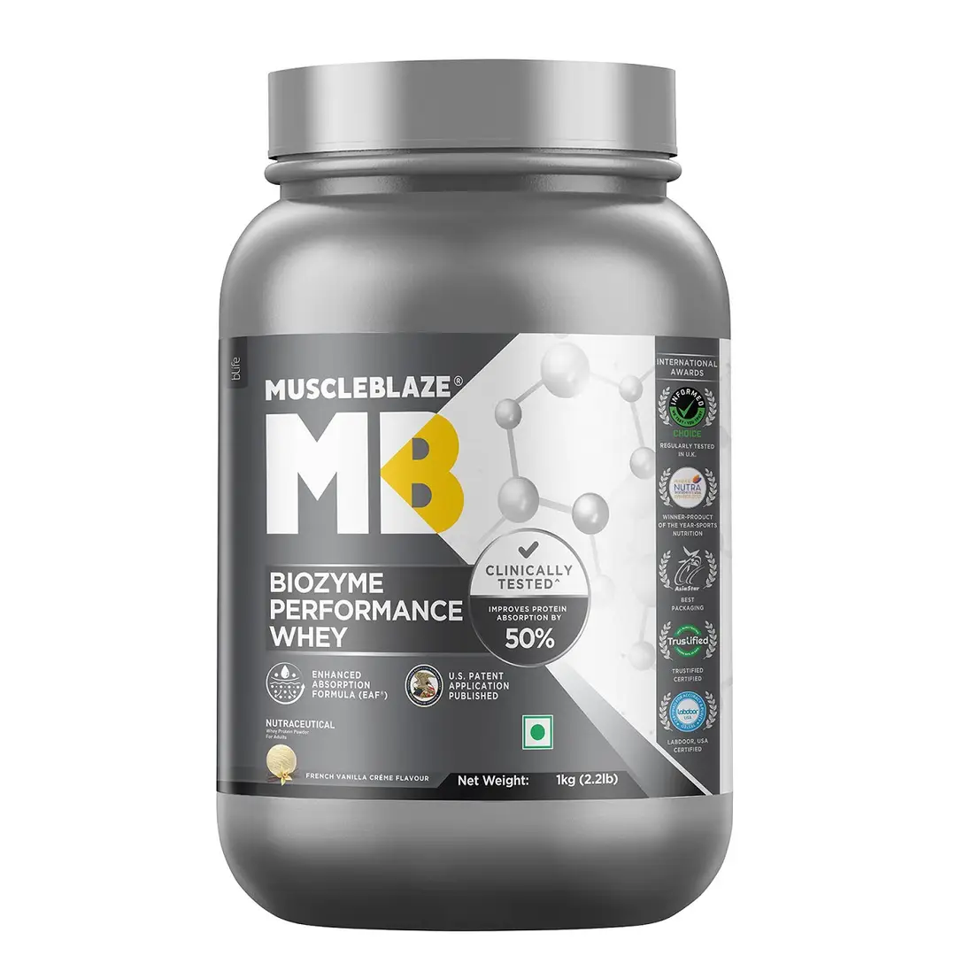 Buy MuscleBlaze Biozyme Performance Whey Protein - with Whey Protein  Concentrate, Cocoa Powder for Aiding in Lean Mass Gain - French Vanilla  Creme,2.2 lb Online in India