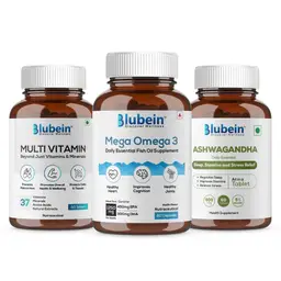 Blubein Total Wellness Trio - Multivitamin with 37 Vital Ingredients 60 Tablets, Mega Omega 3 Fish oil 60 Capsules and Ashwagandha with 5% withanolides 60 Tablets icon