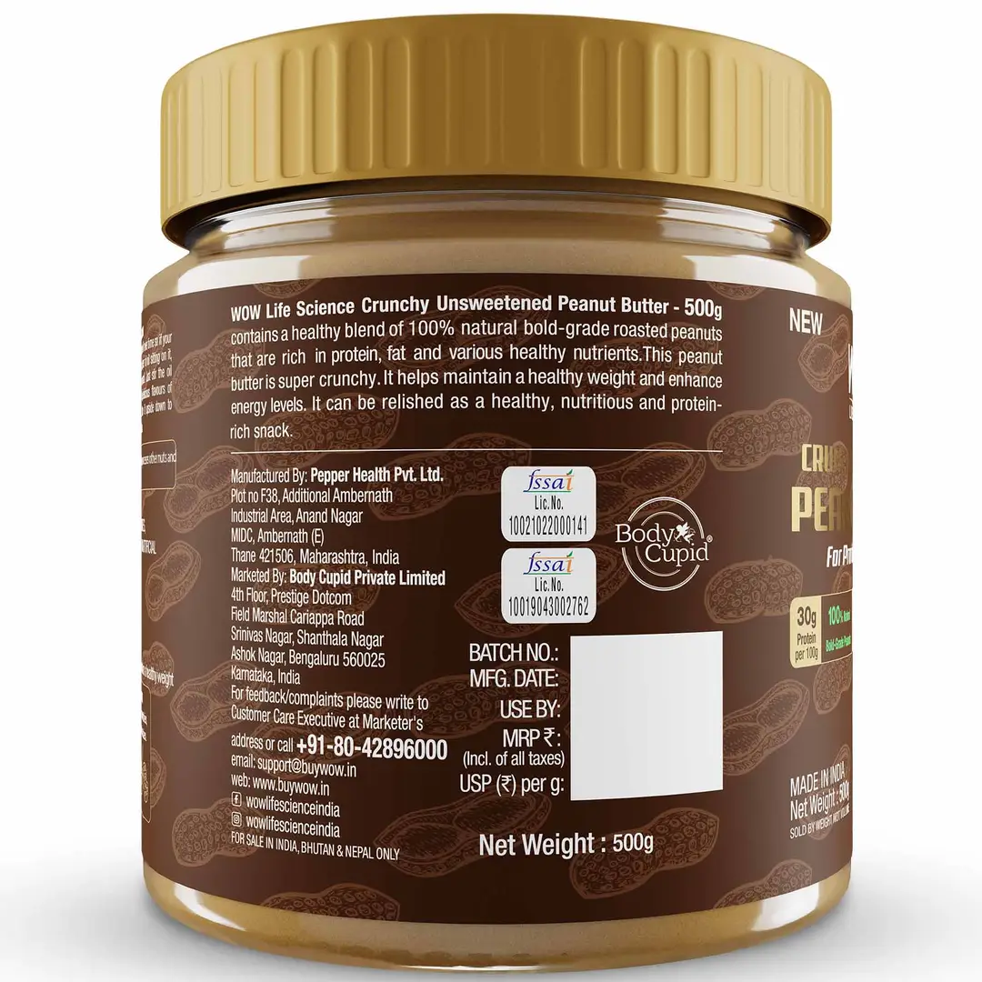 Buy Wow Life Science Crunchy Unsweetened Peanut Butter Online at Best Price