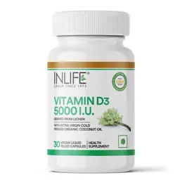 INLIFE - Plant Based Vitamin D3 from Lichen, 5000 IU in Organic Extra Virgin Cold Pressed Coconut Oil for Bone & Immune Health, 30 Vegan Capsules (1 Month Supply)