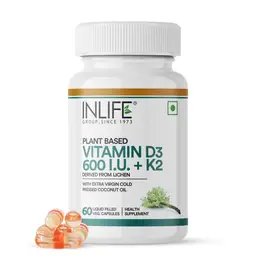 INLIFE - Plant Based Vegan Vitamin D3 K2 Supplement, Lichen Source D3 with Natural Organic Extra Virgin Cold Pressed Coconut Oil for Bone Health & Immune Support, 600 IU - 60 Vegan Capsules icon