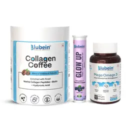 Blubein Skin Wellness Trio - Triple Strenght Omega 3 Fish Oil (60 Capsules), Marine Collagen (30 Sachets)  and Glow (15 Effervescent Tablets) icon