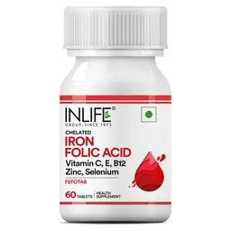 INLIFE - Chelated Iron Folic Acid Supplement with Vitamin C, E, B12, Zinc & Selenium for Men Women - 60 Tablets