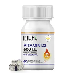 INLIFE - Vitamin D3 600 IU Cholecalciferol Supplement with Coconut Oil for Better Absorption, For Men & Women, Immunity, Bone Health, Muscles - 60 Liquid Filled Capsules icon