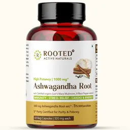 Rooted Active Naturals Ashwagandha Root with Lion's Mane Mushrooms, Pure Extract for Strength and Energy icon